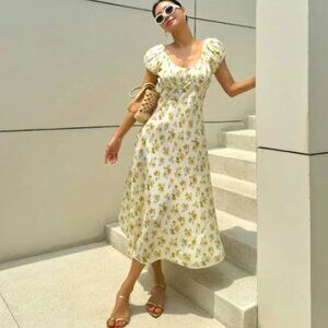 NWOT Doen Florencia White Yellow Floral Romantic Silk Dress Size Medium